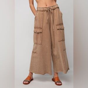 Easel Mineral Washed Wide Leg Pants Latte SOLD OUT L Cargo Feeling Good Utility